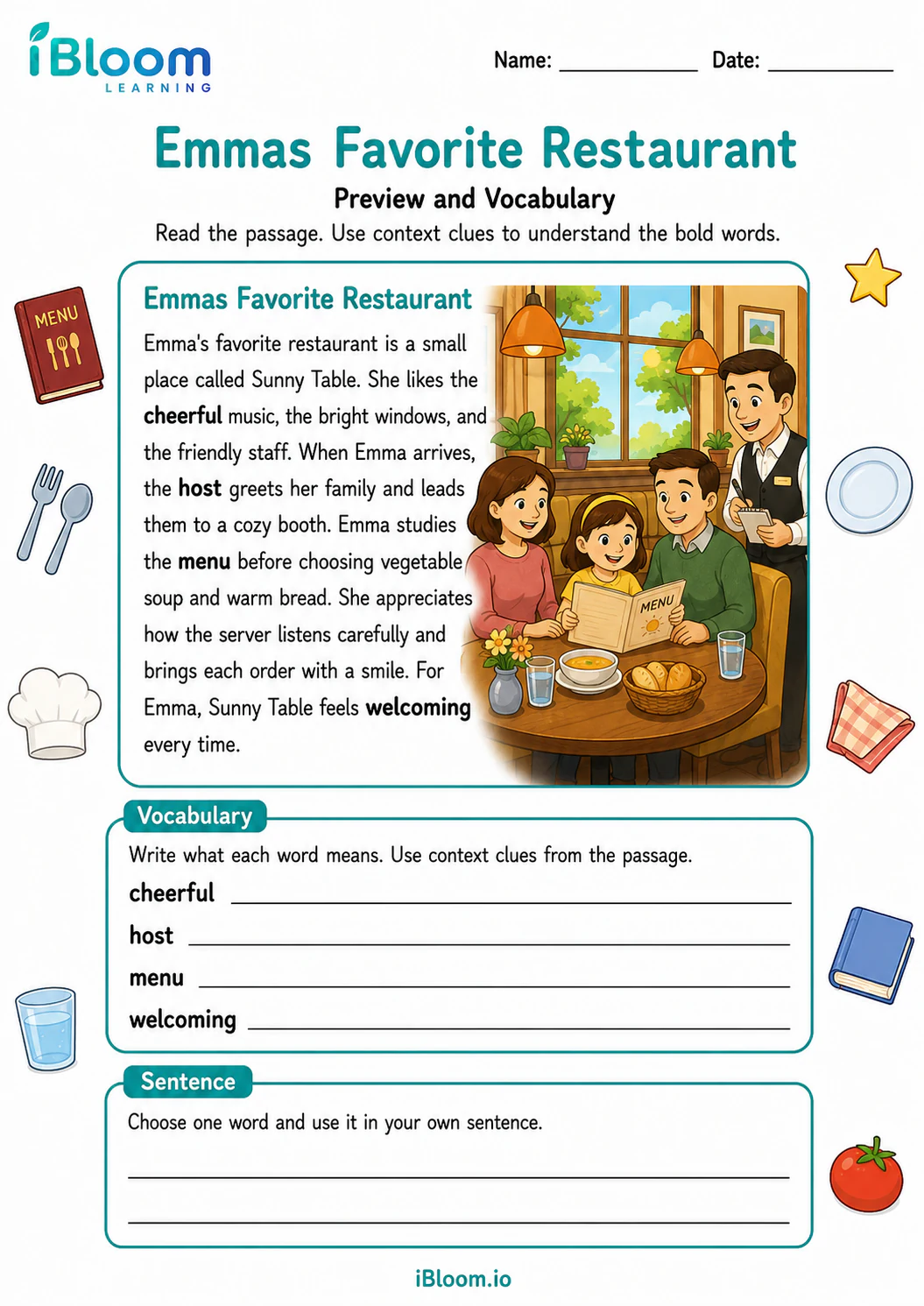 Emmas Favorite Restaurant — Preview and Vocabulary worksheet page 1
