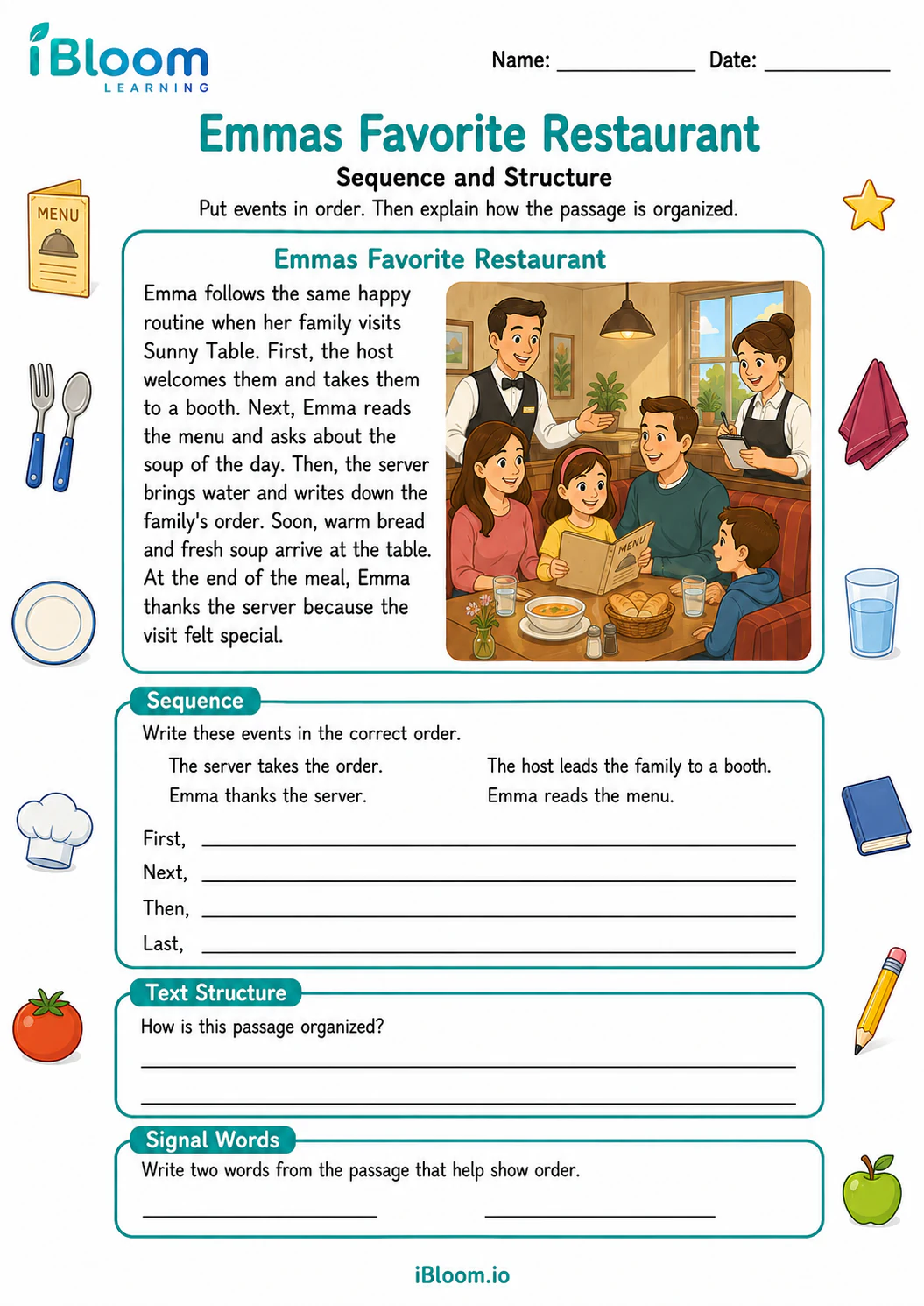 Preview of Emmas Favorite Restaurant — Sequence and Structure worksheet