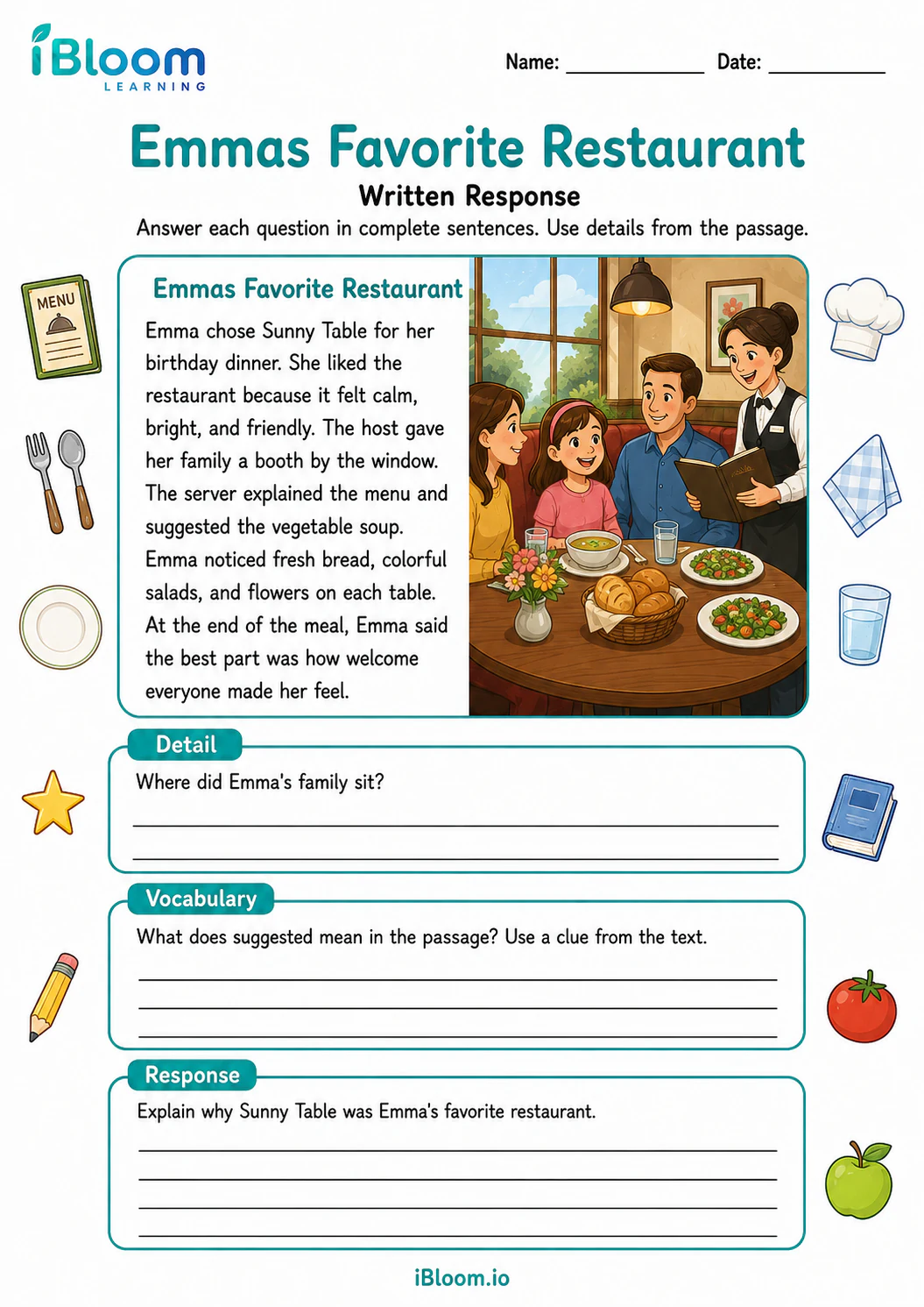 Preview of Emmas Favorite Restaurant — Written Response worksheet