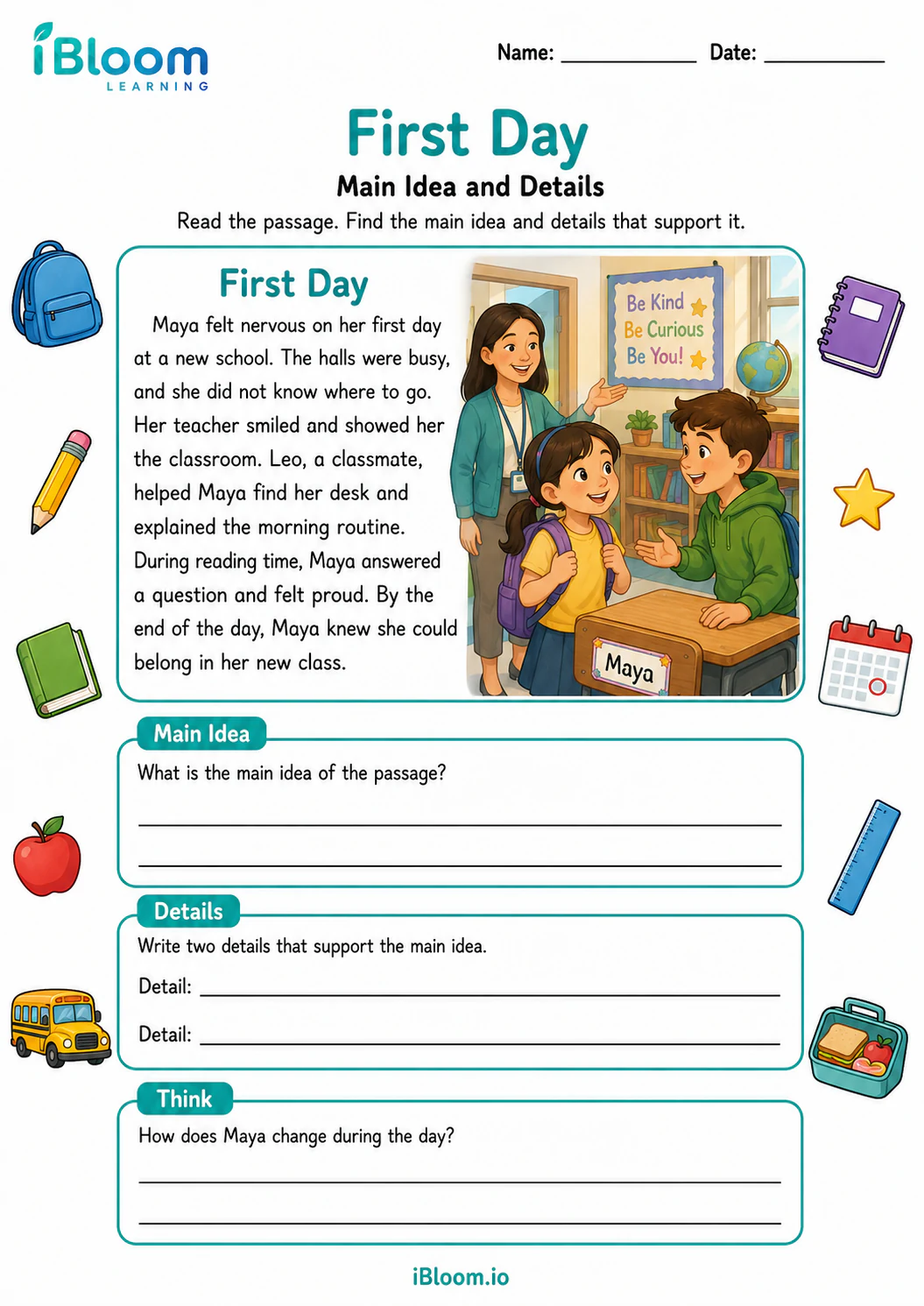 Preview of First Day — Main Idea and Details worksheet