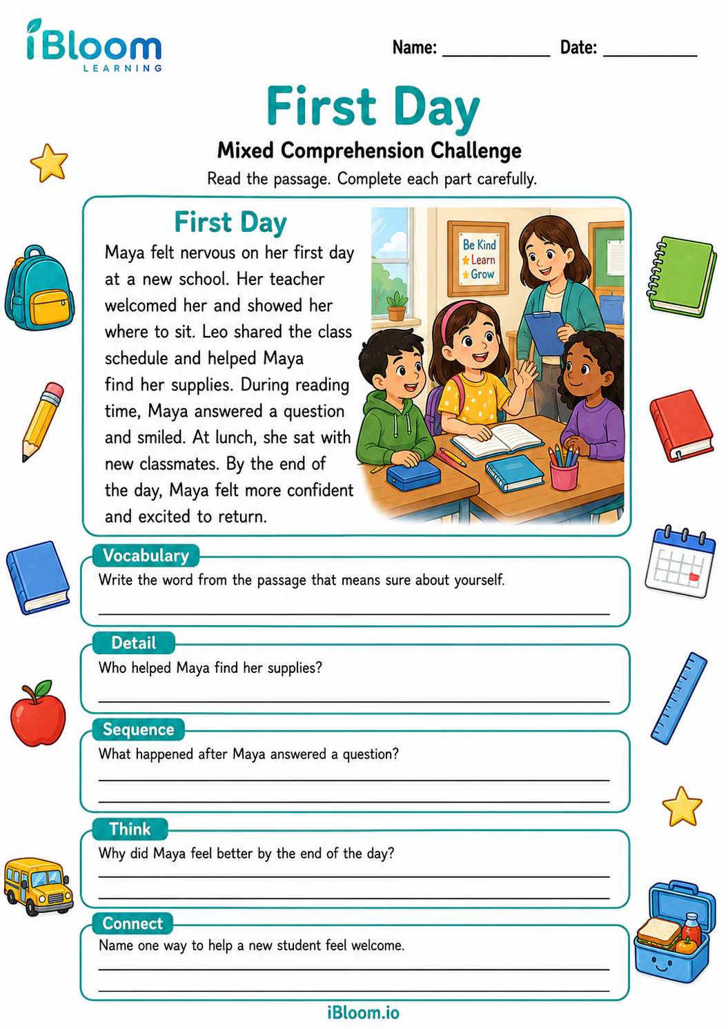 Preview of First Day — Mixed Comprehension Challenge worksheet