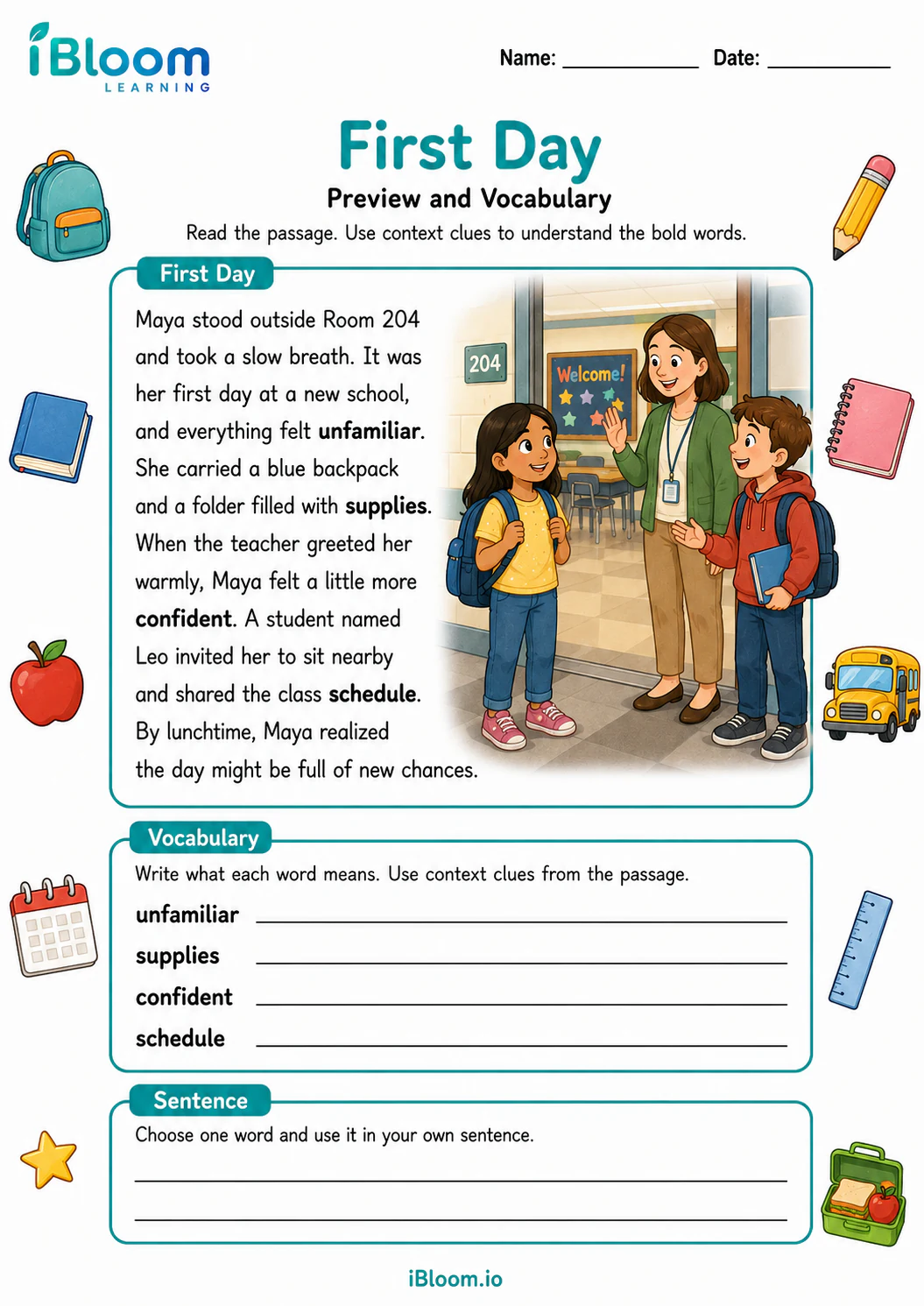 Preview page 1 of First Day — Preview and Vocabulary