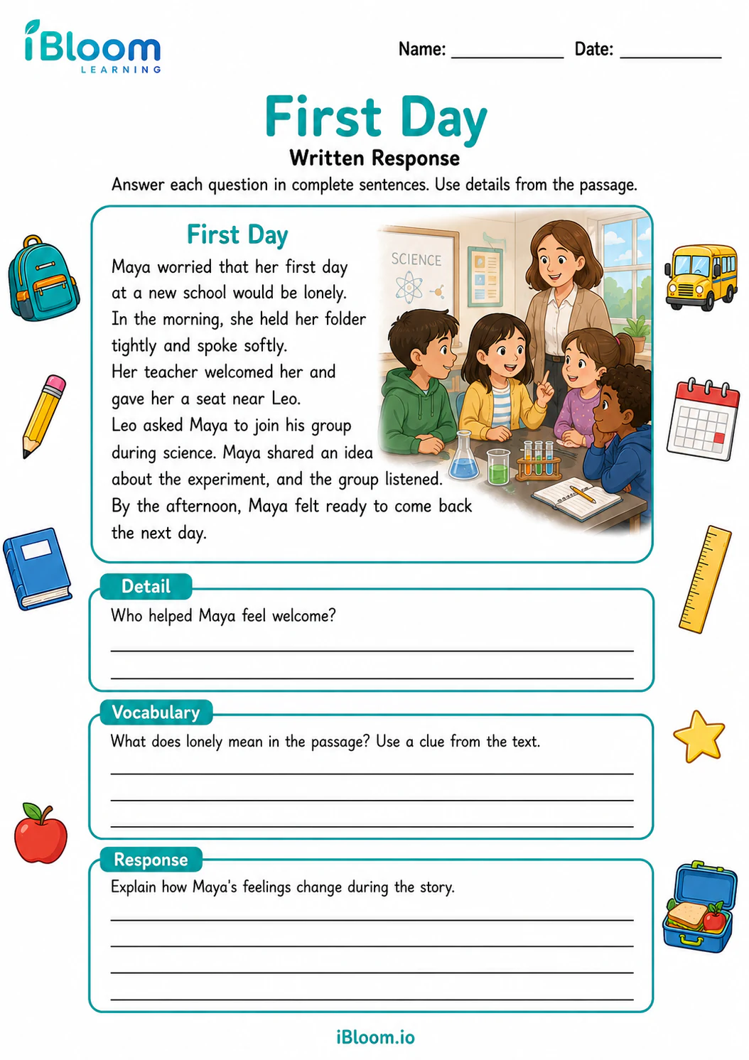 Preview of First Day — Written Response worksheet