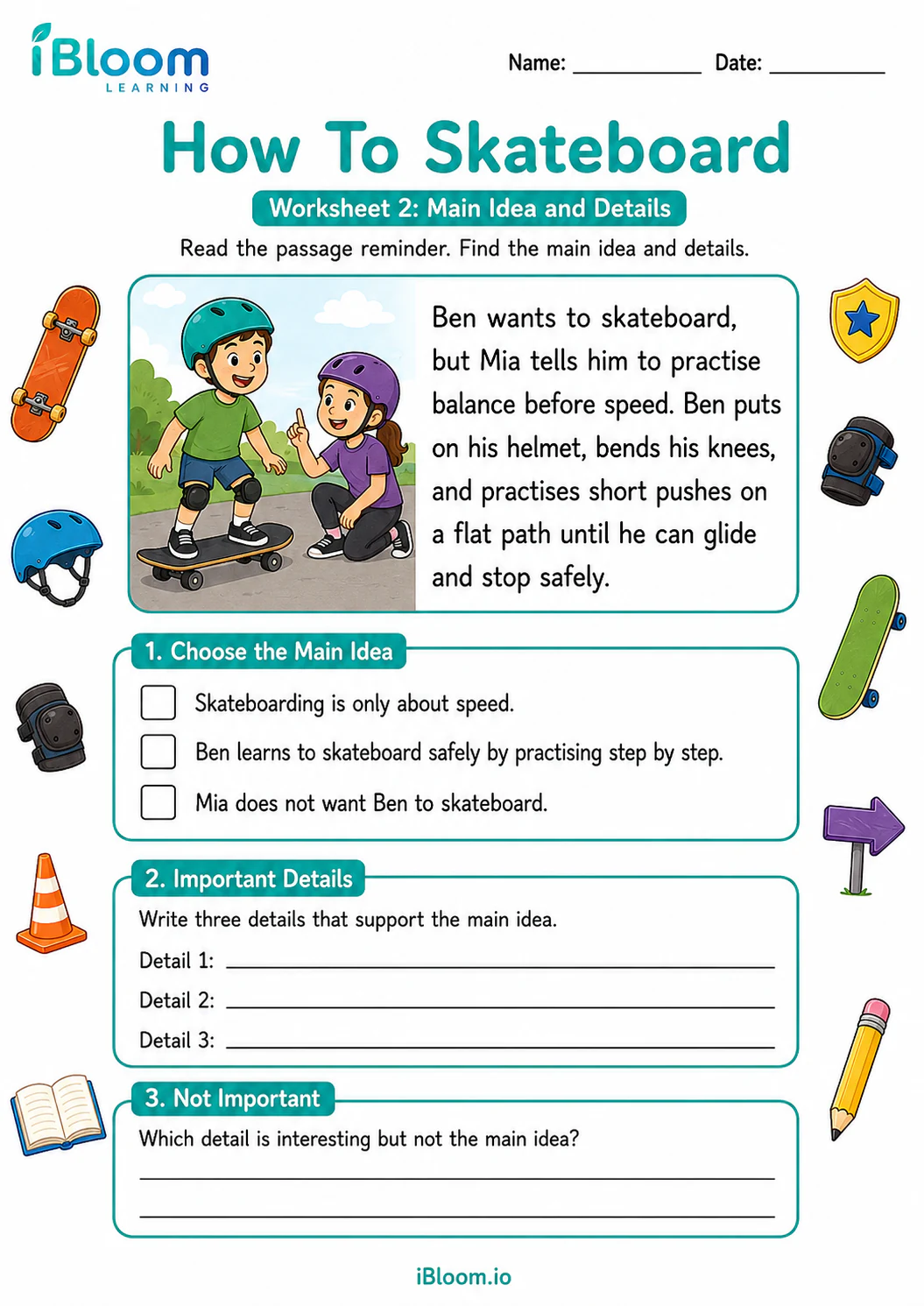 Preview page 1 of How To Skateboard — Main Idea and Details