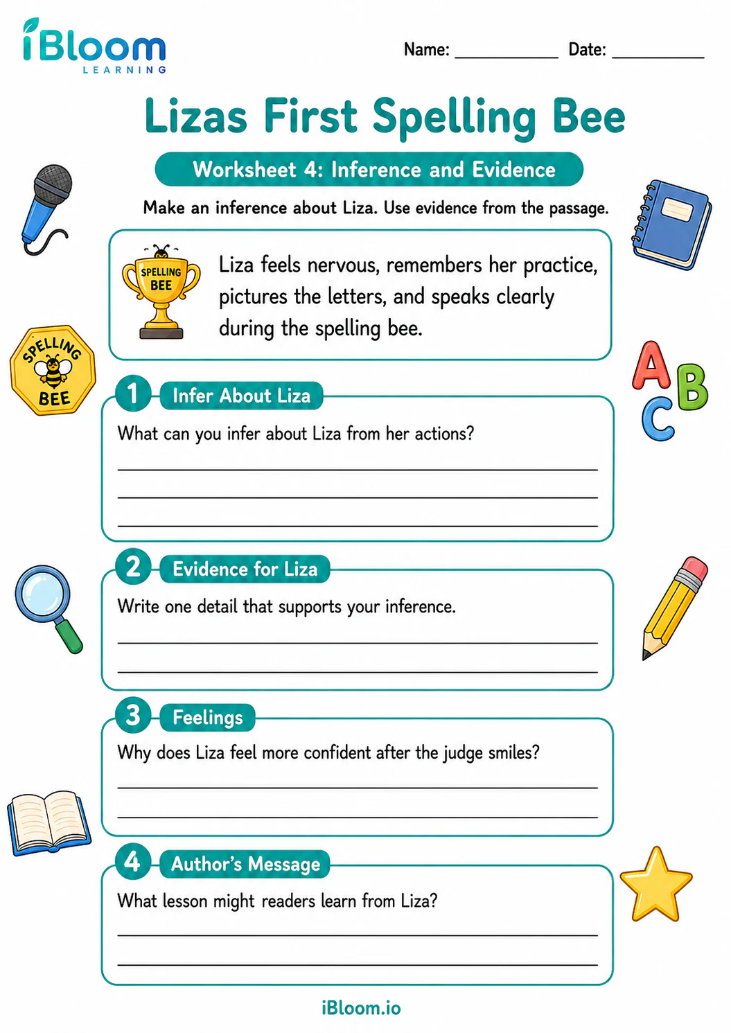 Preview page 1 of Lizas First Spelling Bee — Inference and Evidence