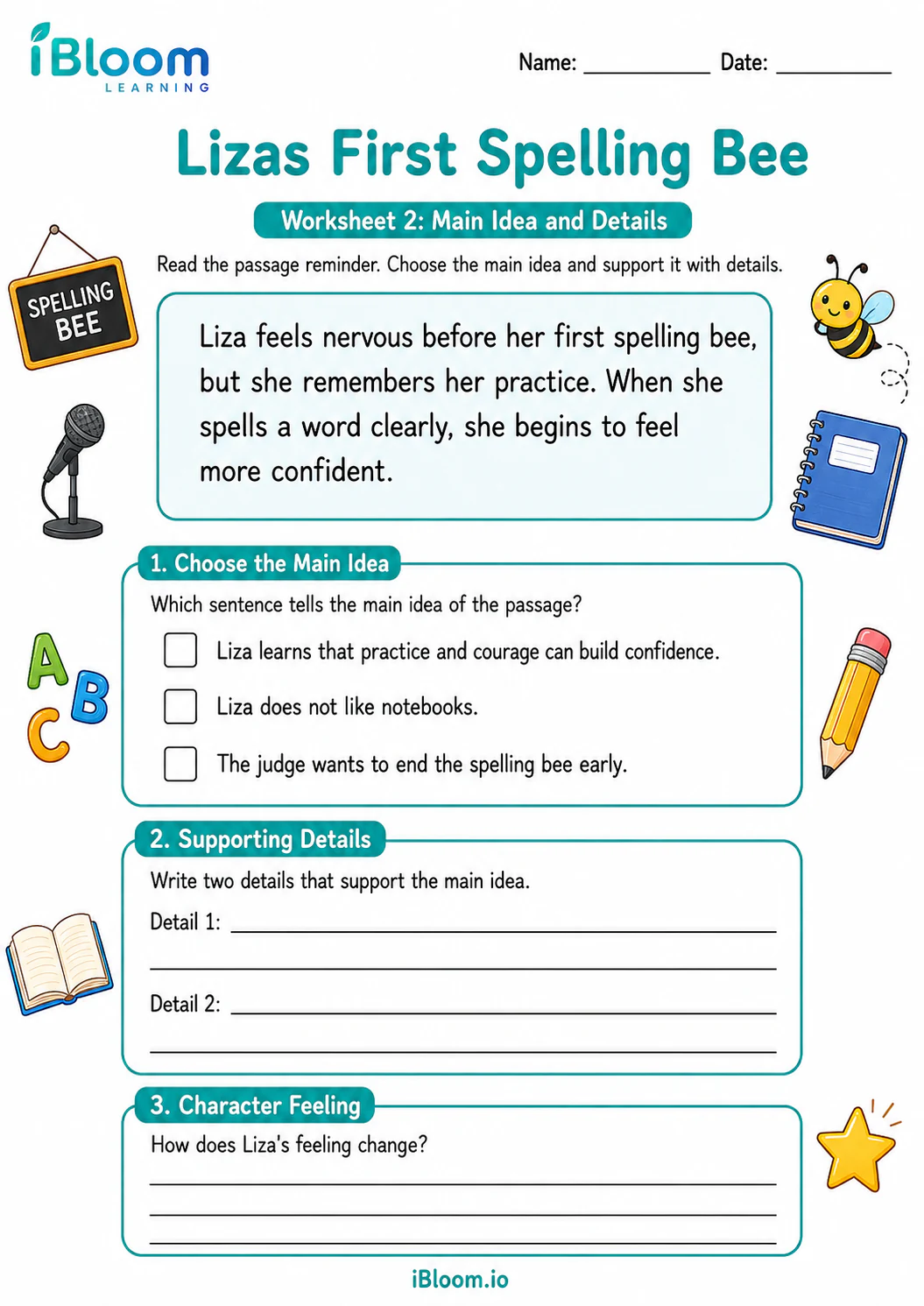 Preview page 1 of Lizas First Spelling Bee — Main Idea and Details