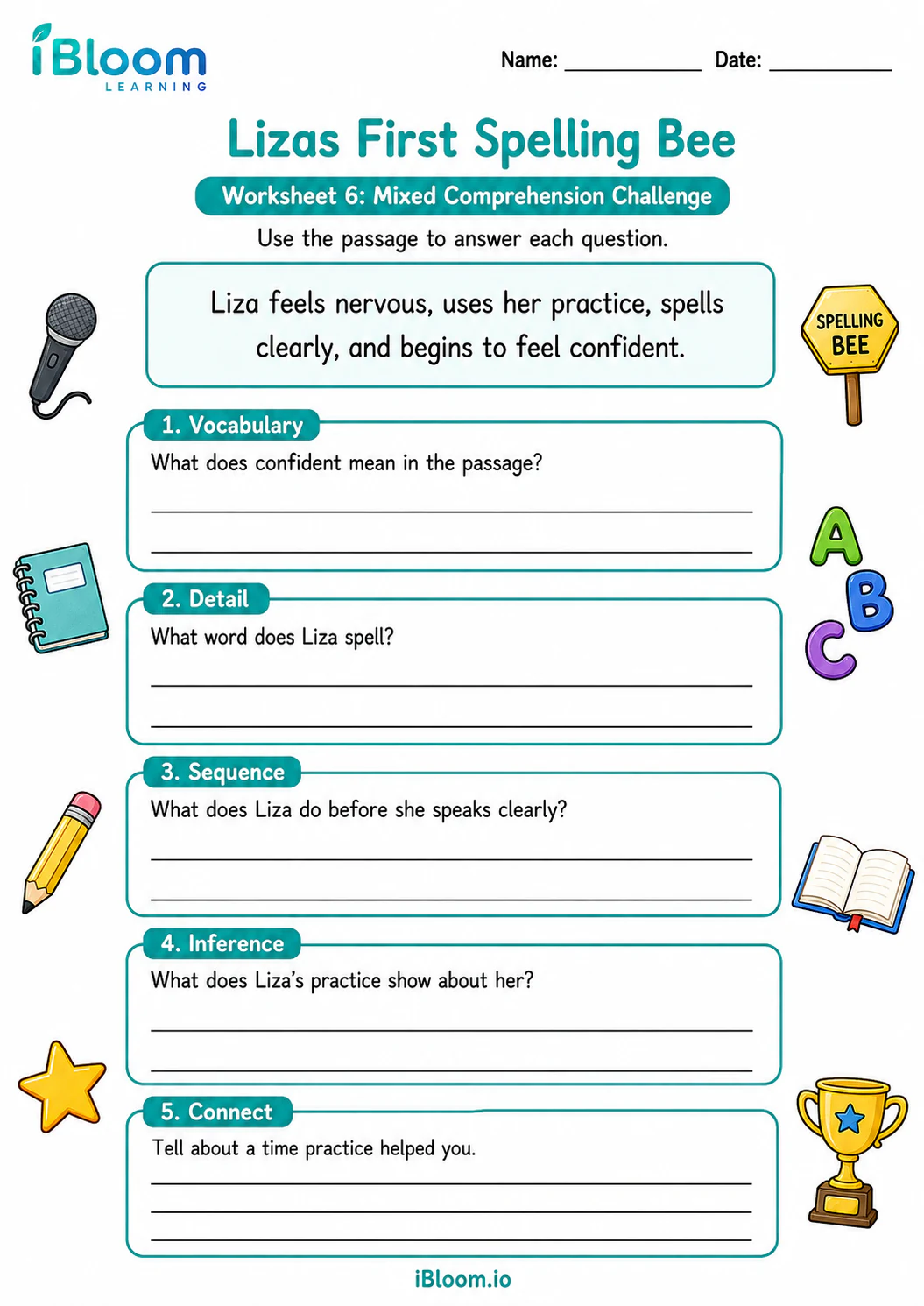Preview page 1 of Lizas First Spelling Bee — Mixed Comprehension Challenge