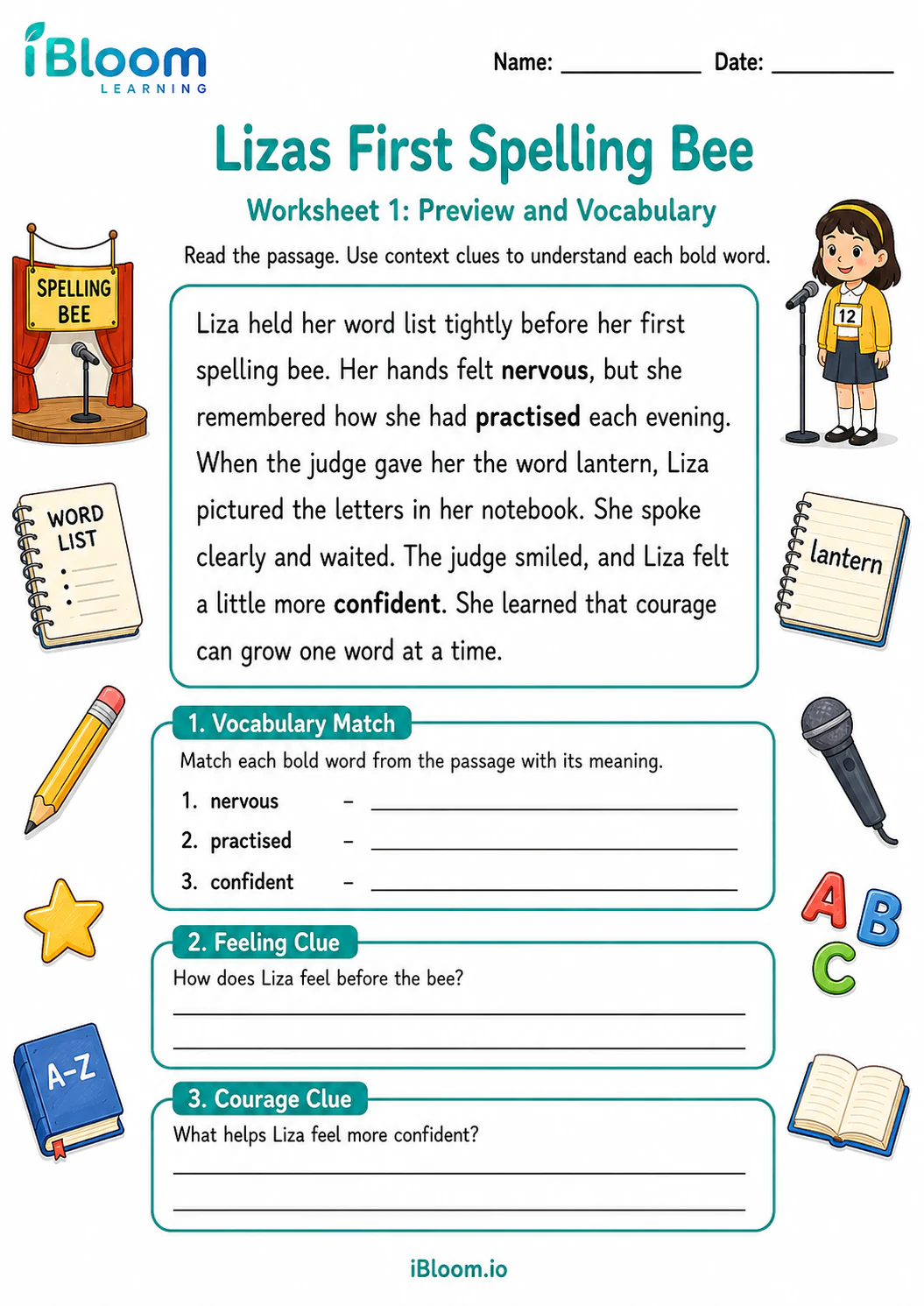 Preview page 1 of Lizas First Spelling Bee — Preview and Vocabulary