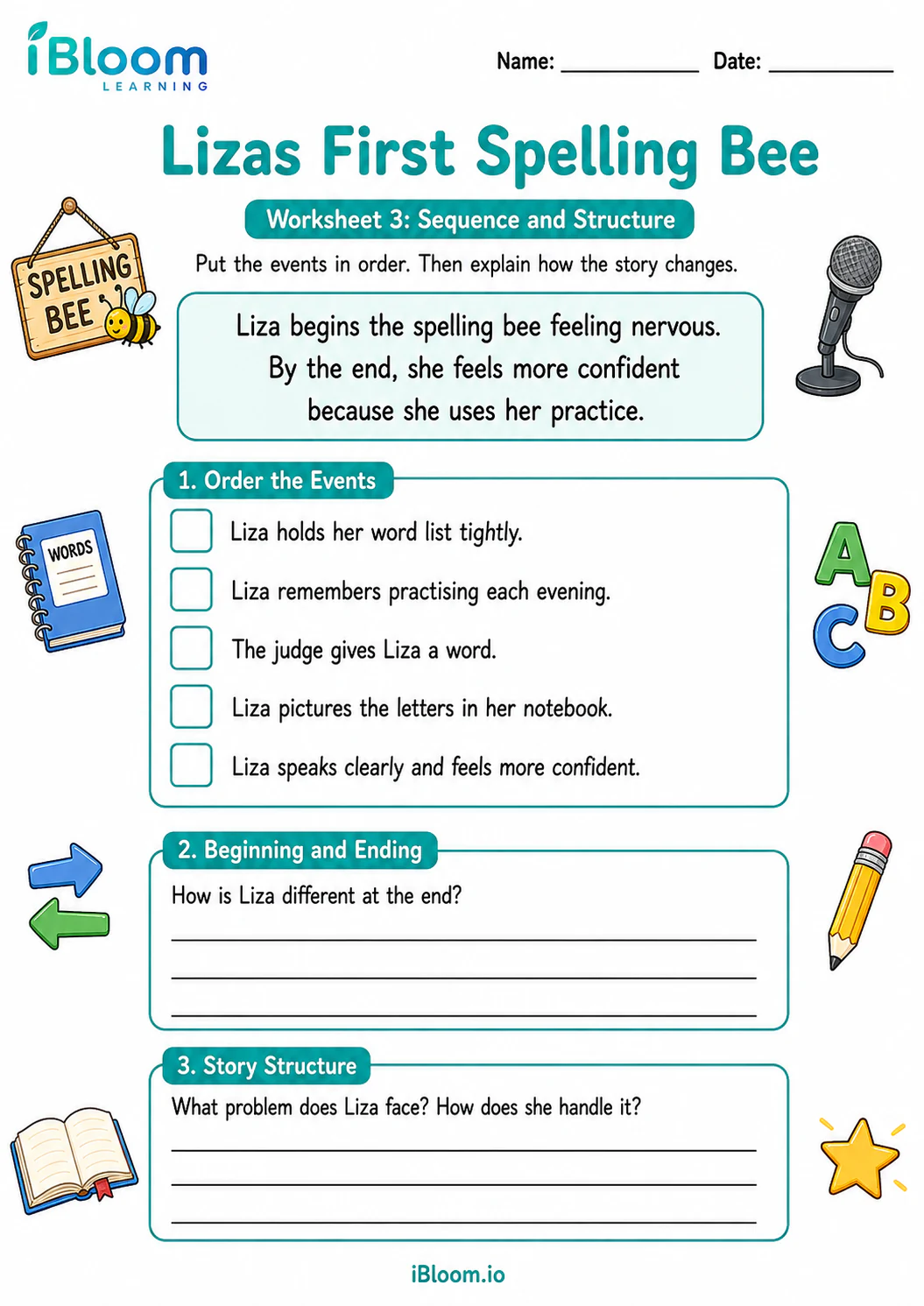 Preview page 1 of Lizas First Spelling Bee — Sequence and Structure