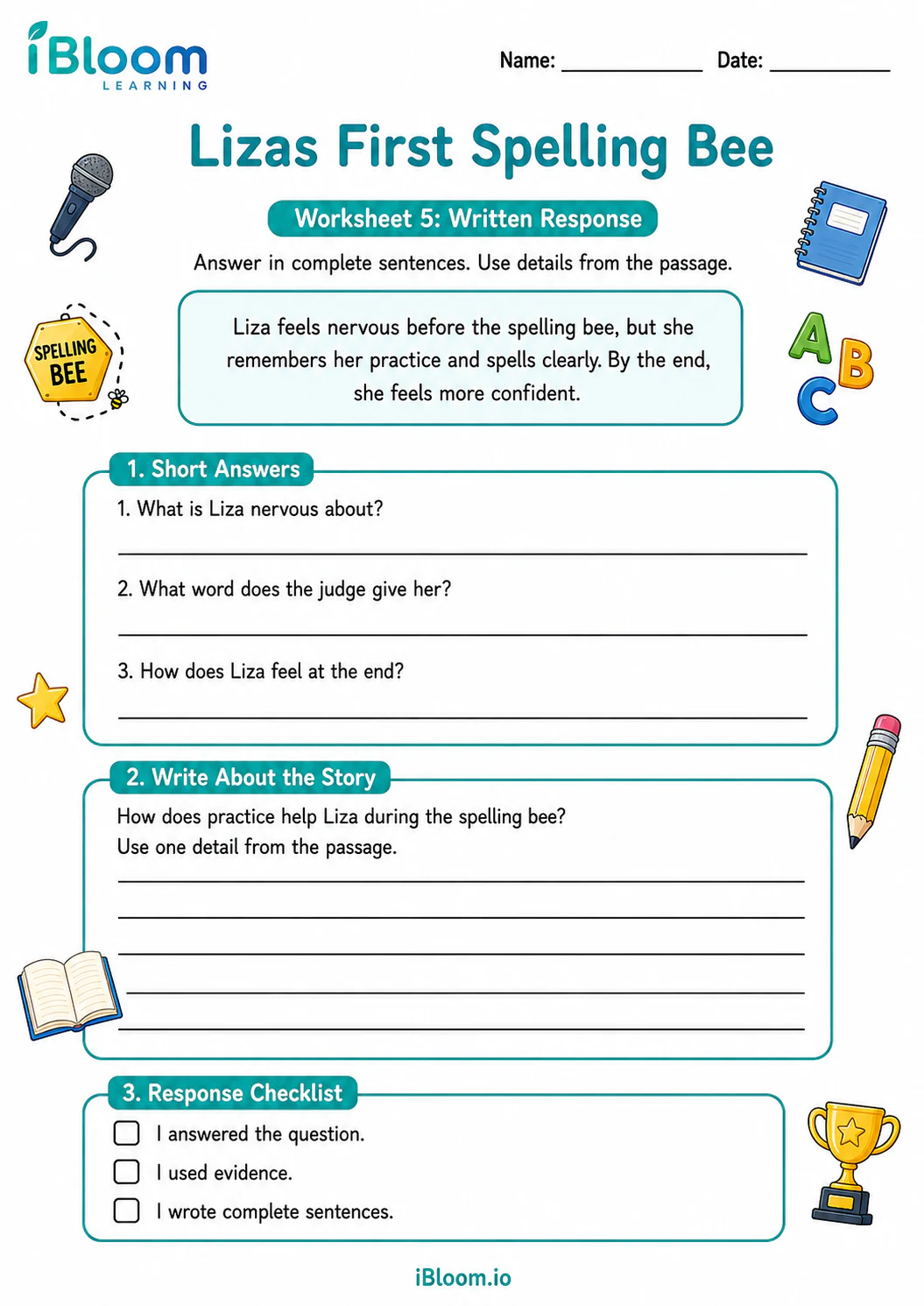 Preview page 1 of Lizas First Spelling Bee — Written Response