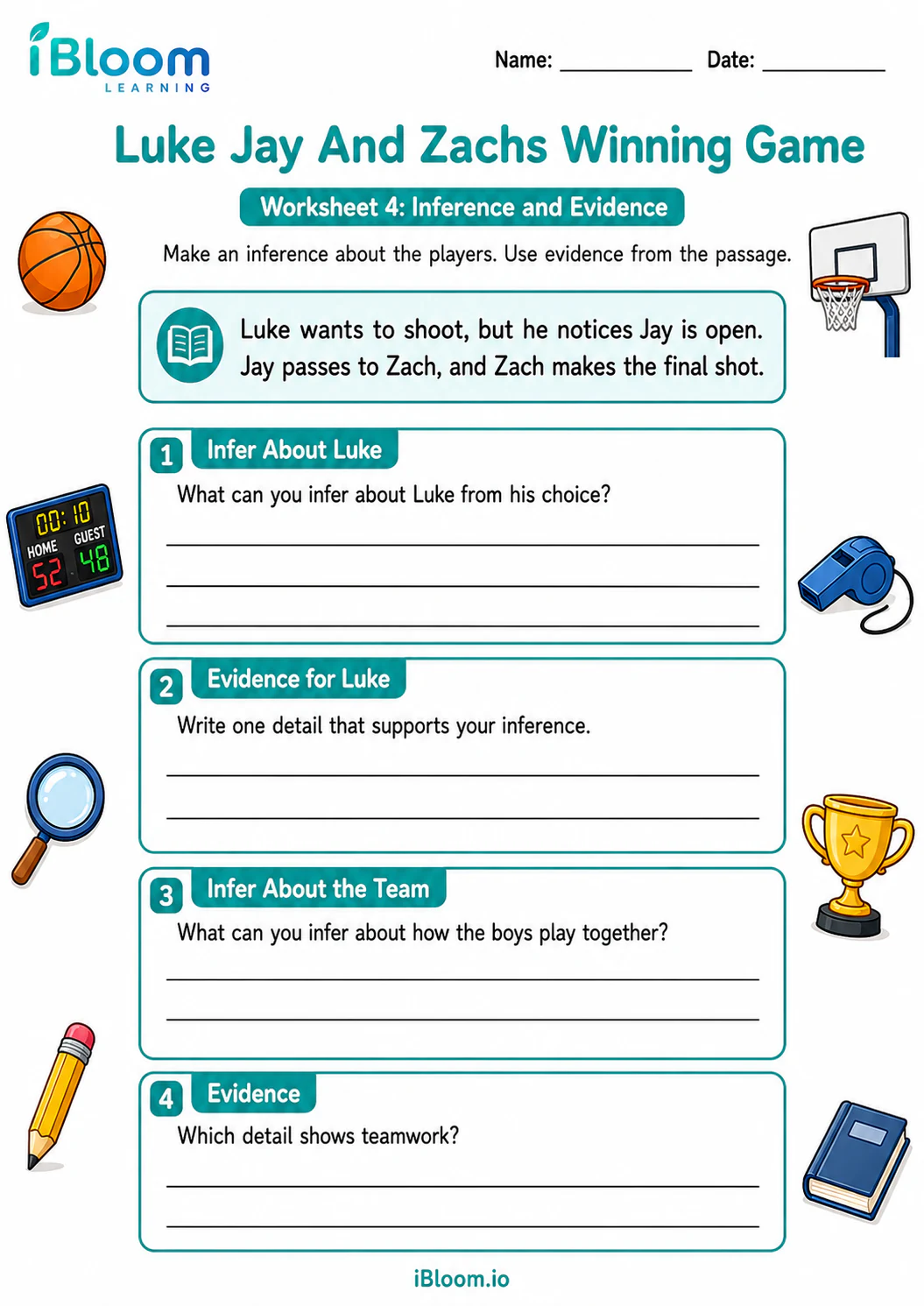 Preview of Luke Jay And Zachs Winning Game — Inference and Evidence worksheet