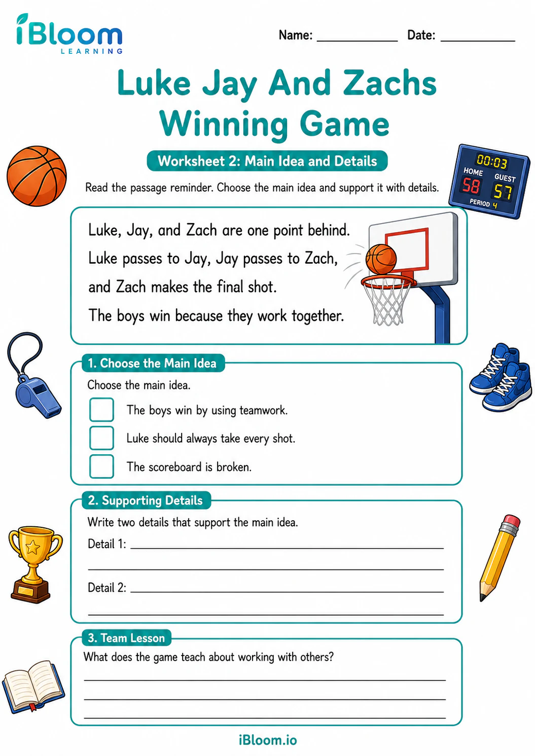 Preview of Luke Jay And Zachs Winning Game — Main Idea and Details worksheet
