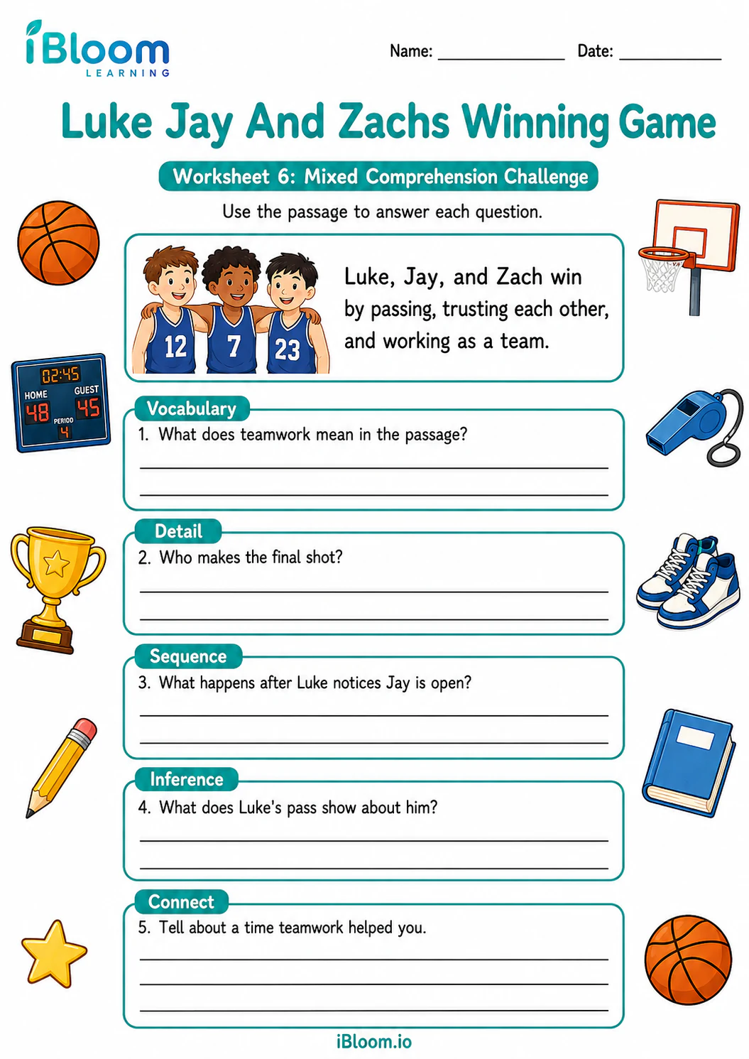 Preview of Luke Jay And Zachs Winning Game — Mixed Comprehension Challenge worksheet