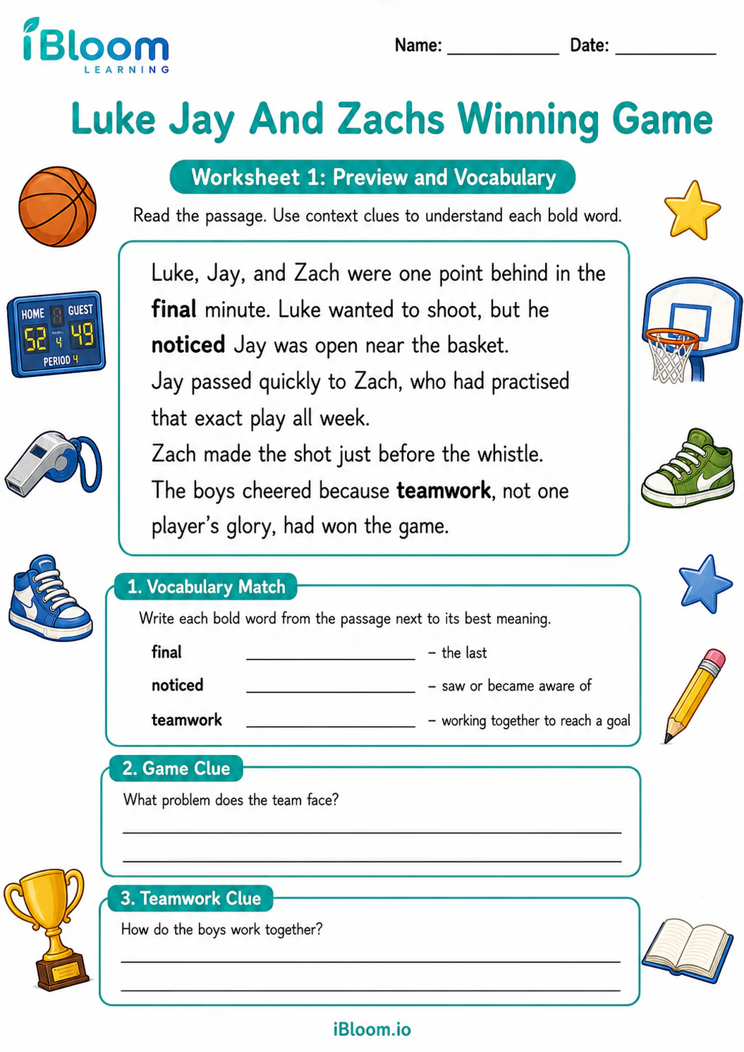 Preview page 1 of Luke Jay And Zachs Winning Game — Preview and Vocabulary