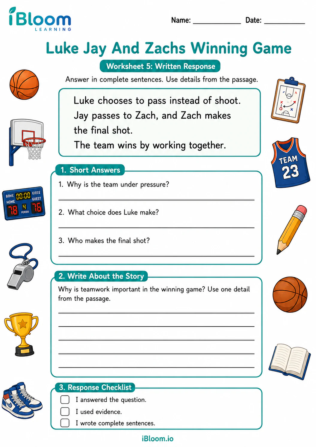 Preview of Luke Jay And Zachs Winning Game — Written Response worksheet