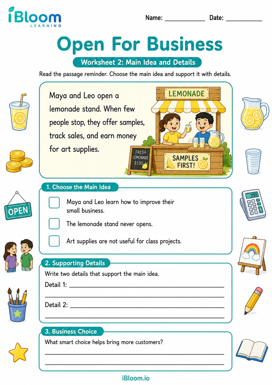 Preview page 1 of Open For Business — Main Idea and Details