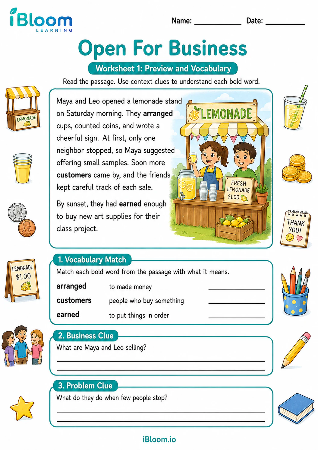 Preview page 1 of Open For Business — Preview and Vocabulary