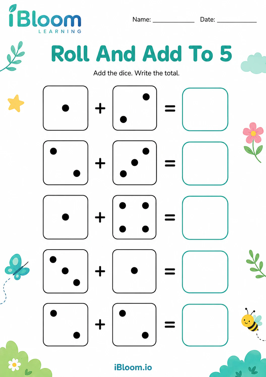 Preview of Roll And Add To 5 worksheet
