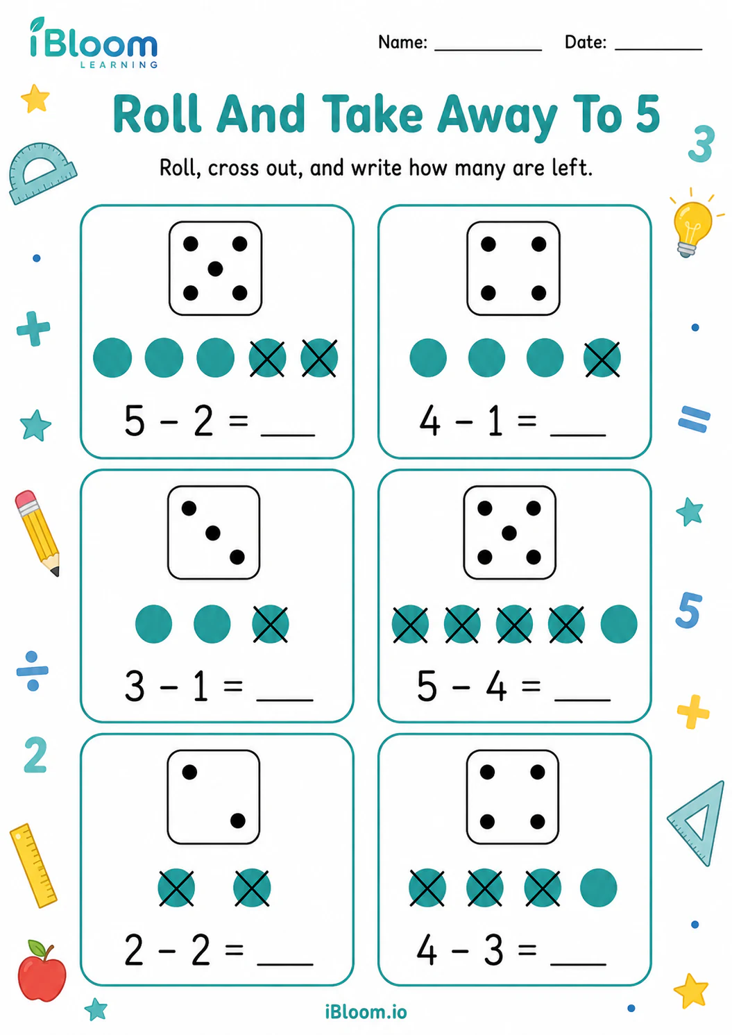 Preview of Roll And Take Away To 5 worksheet