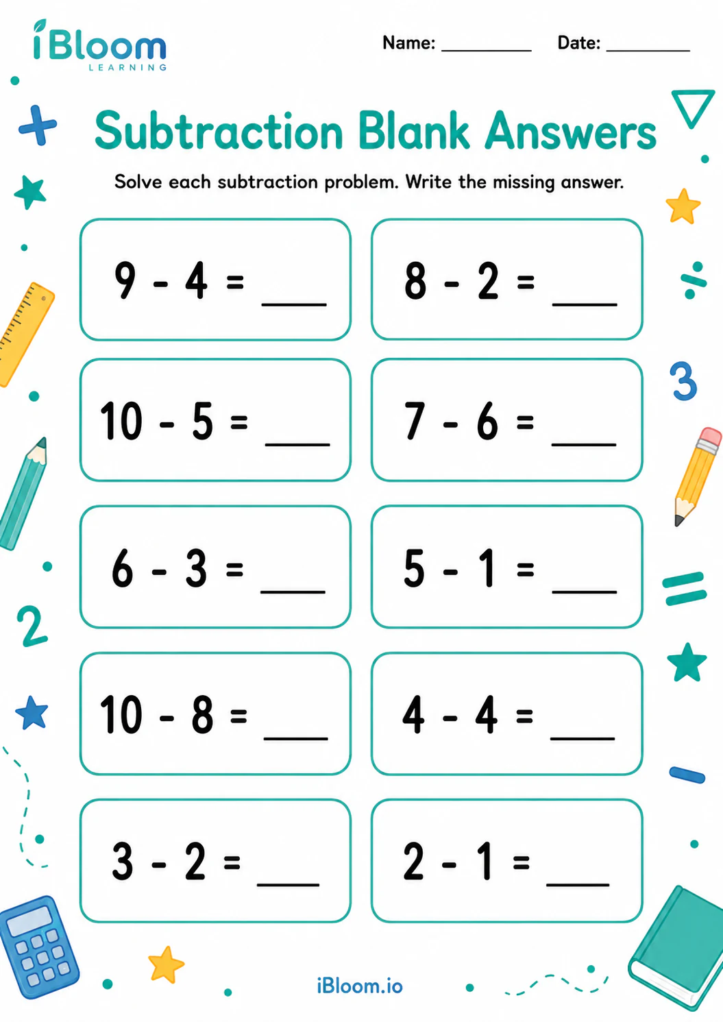 Preview page 1 of Subtraction Blank Answers