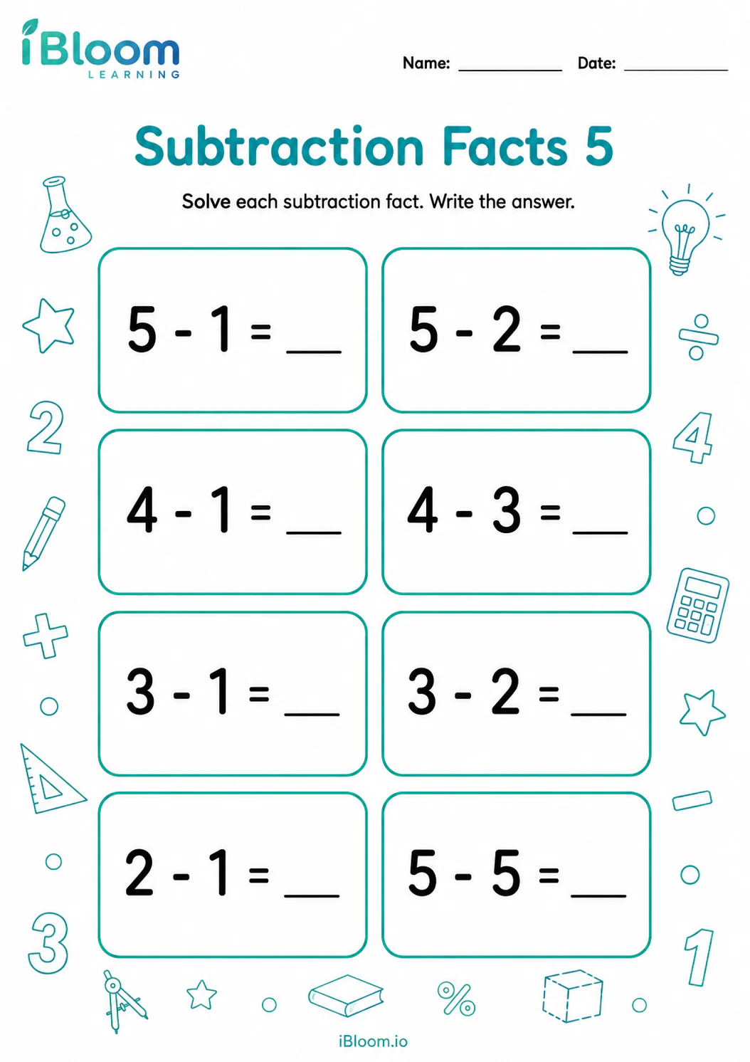 Preview page 1 of Subtraction Facts To 5