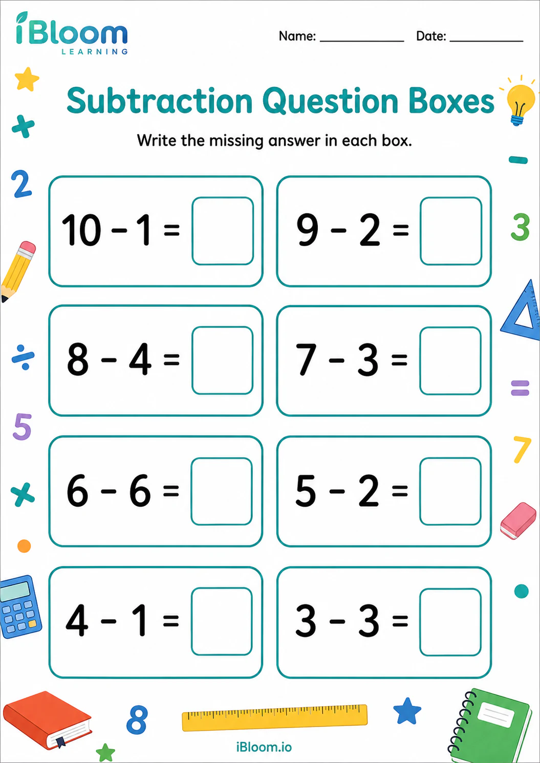 Preview of Subtraction Question Boxes worksheet