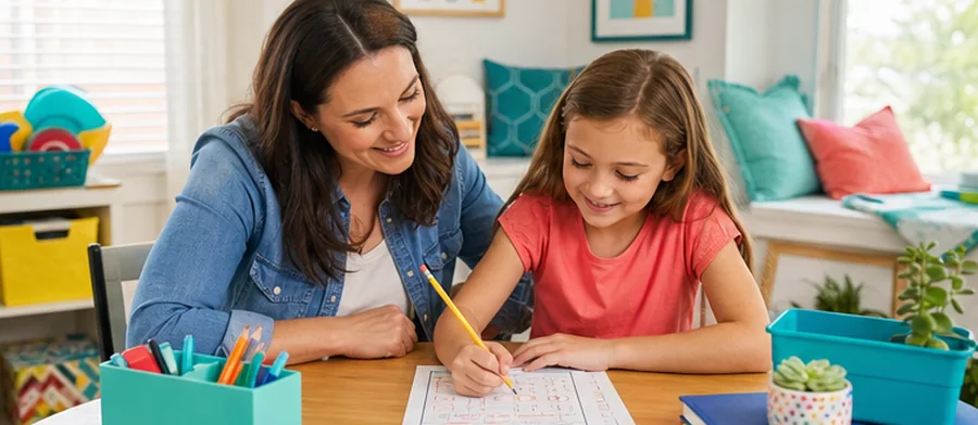 A parent and child building confidence with printable worksheet practice