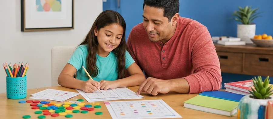 A parent helping a child use a printable worksheet at home