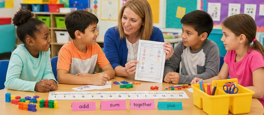 A teacher modeling worksheet practice with a classroom group