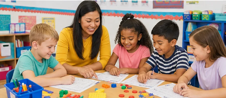 A teacher guiding a small group through worksheet practice