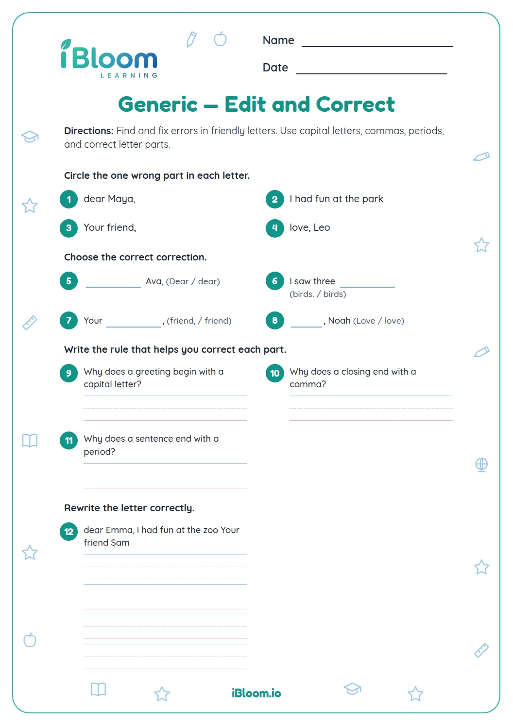 Generic — Edit and Correct printable Grade 1 worksheet