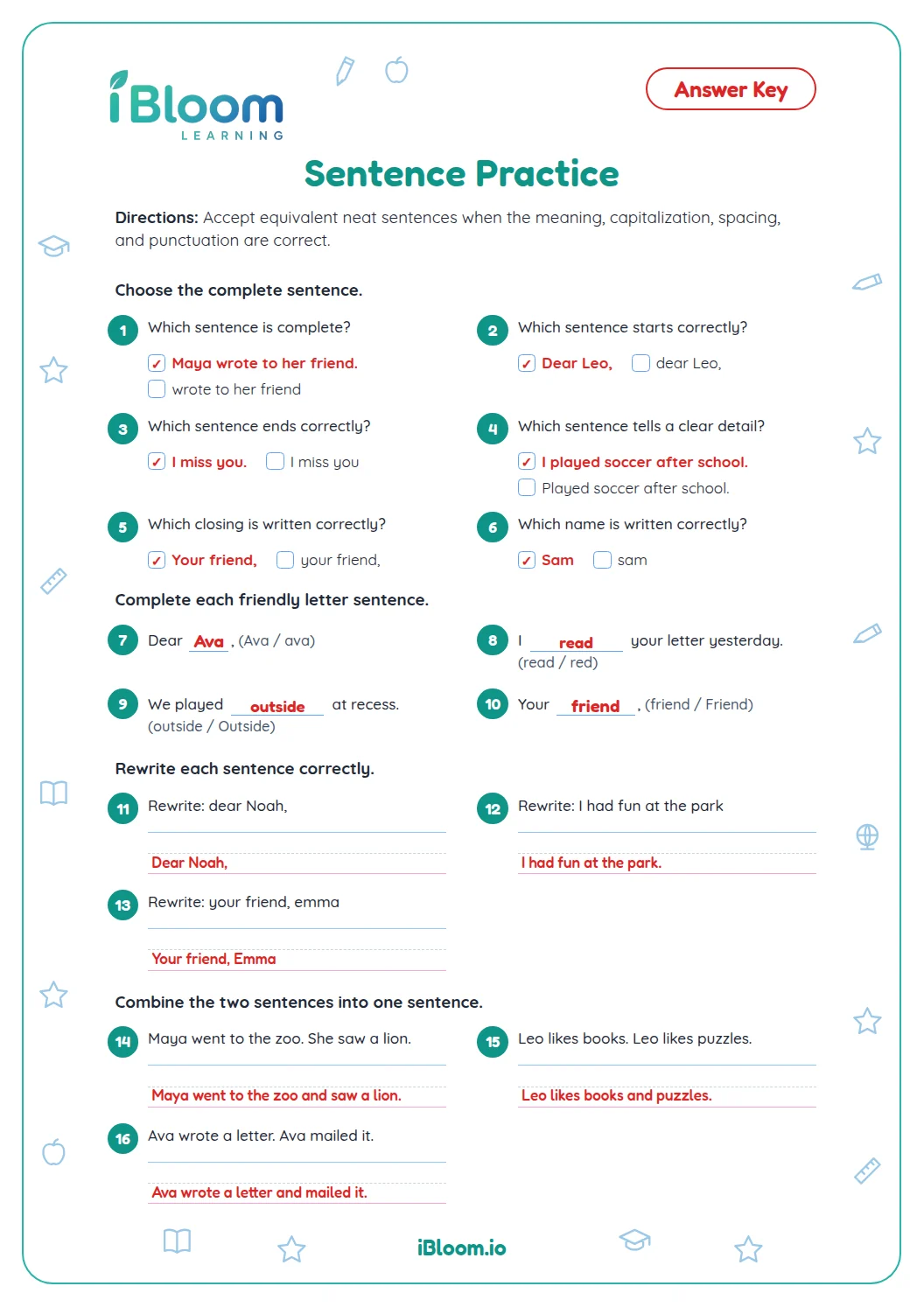 Generic — Sentence Practice answer key