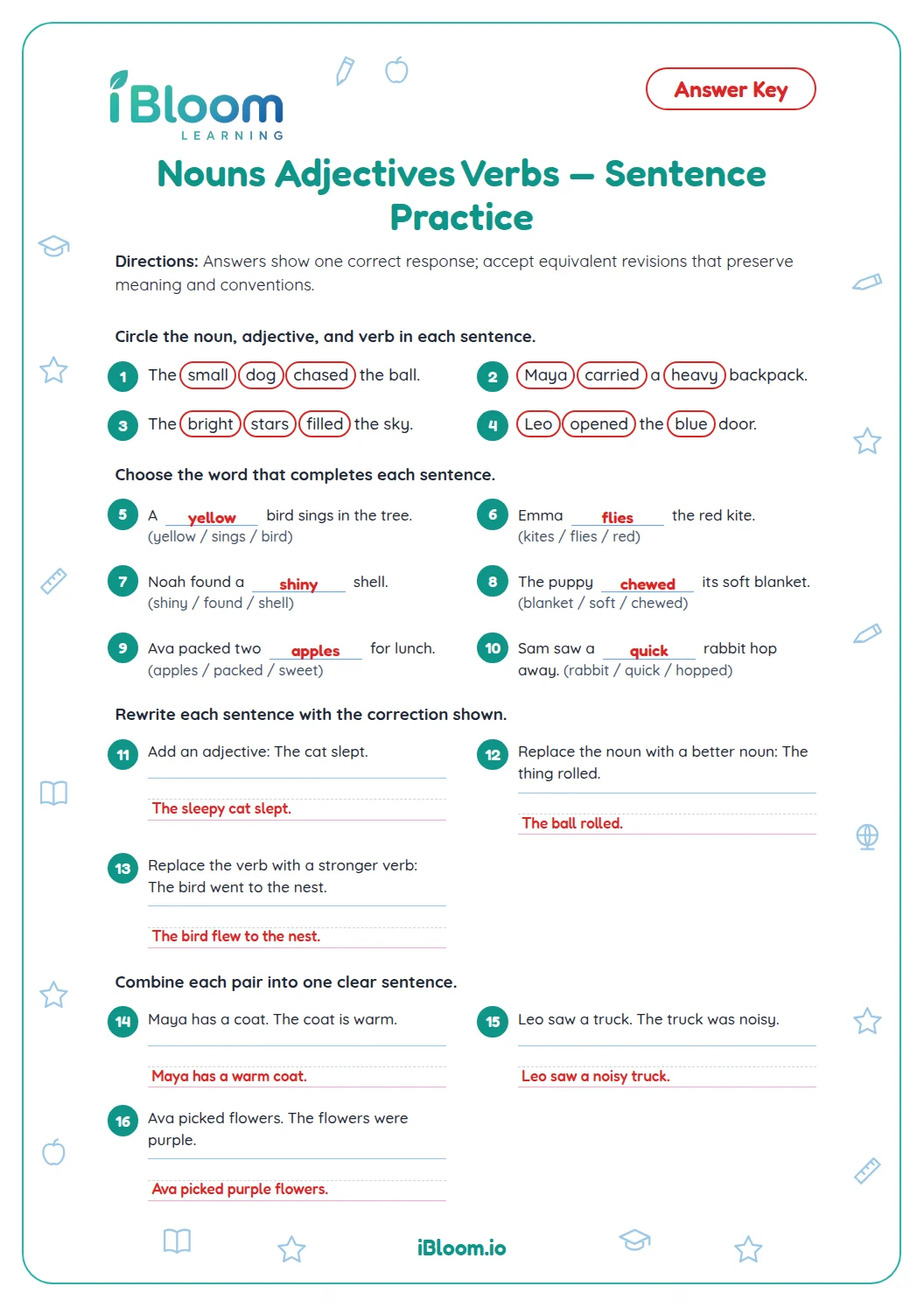 Nouns Adjectives Verbs — Sentence Practice Worksheet | iBloom