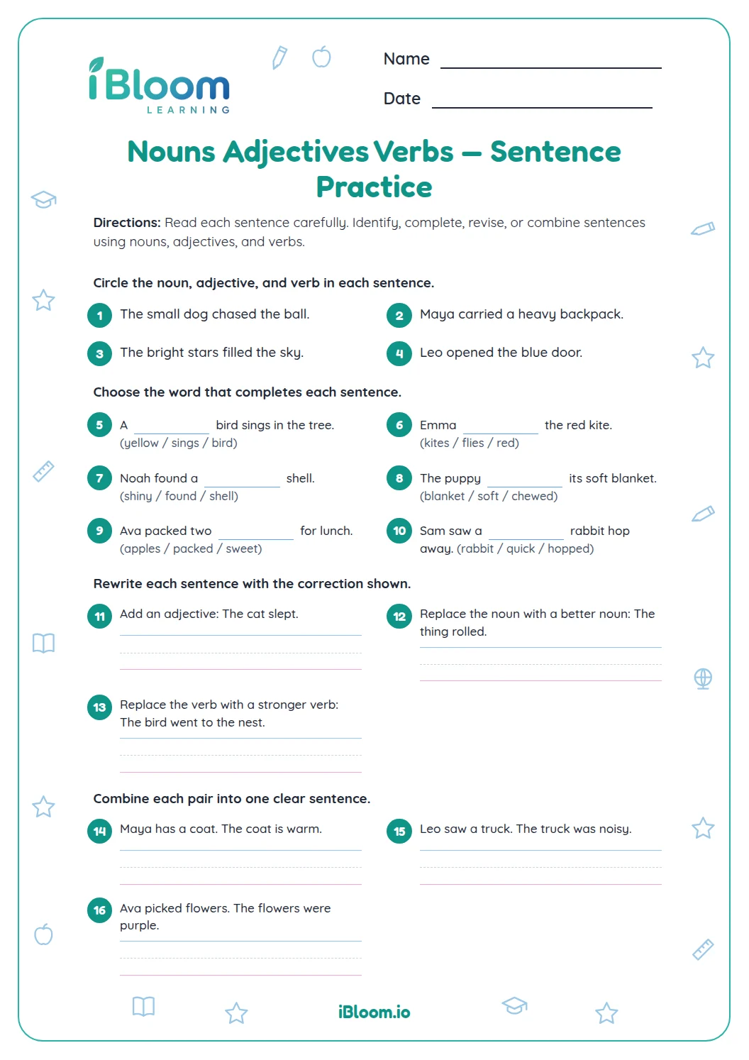 Nouns Adjectives Verbs — Sentence Practice Worksheet | iBloom