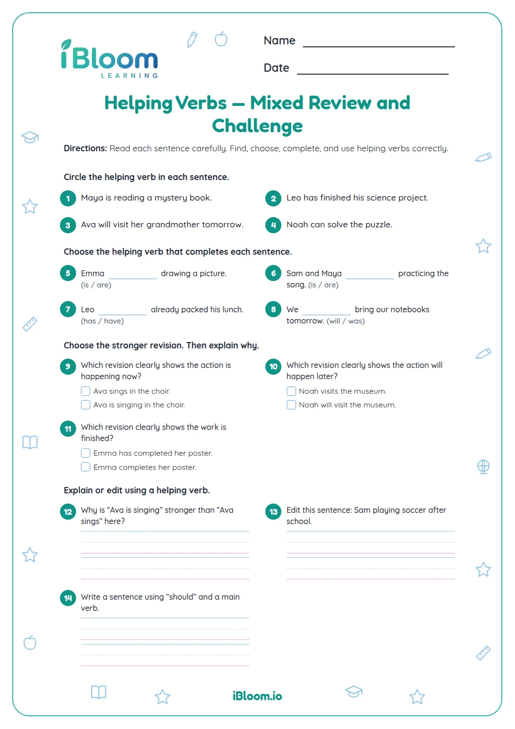 Helping Verbs — Recognize the Skill Worksheet | iBloom