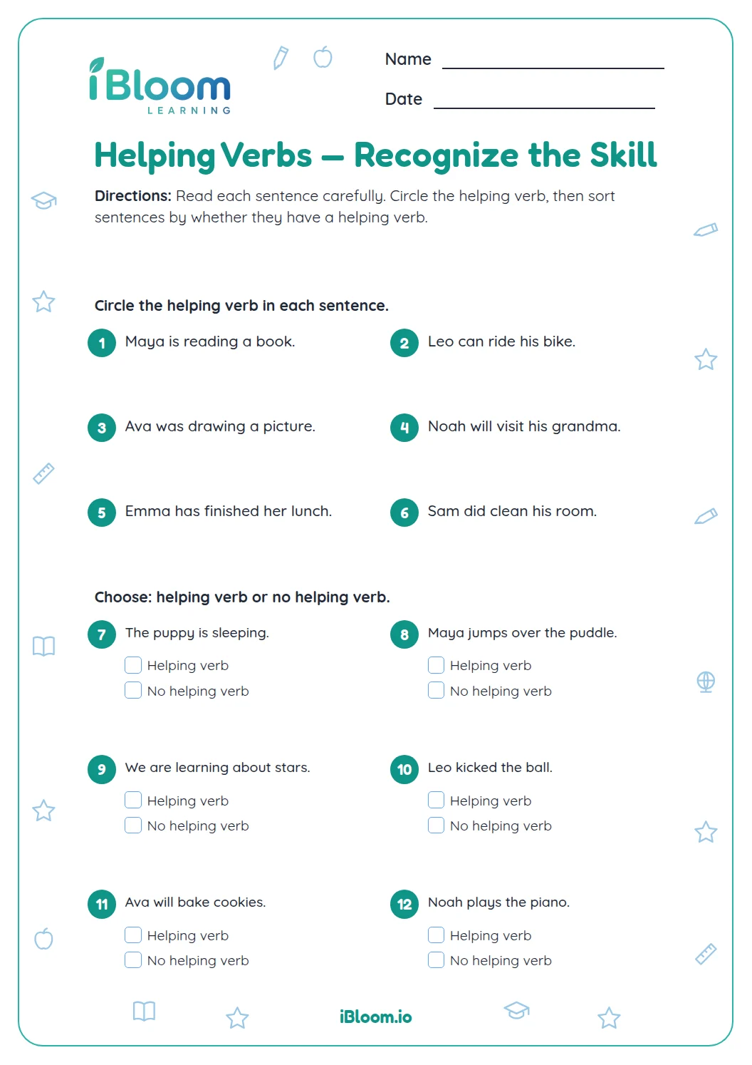 Helping Verbs — Recognize the Skill Worksheet | iBloom