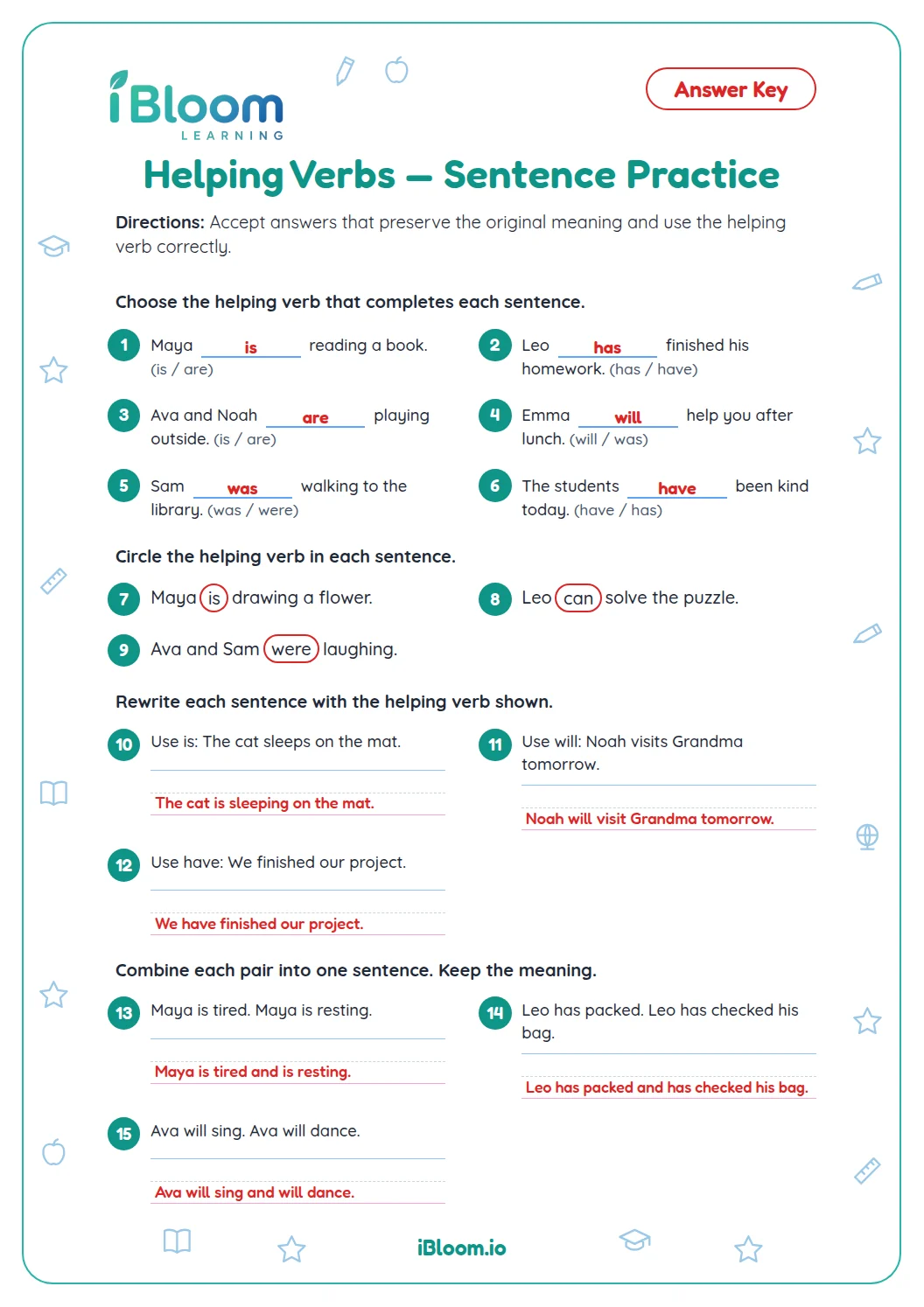 Helping Verbs — Sentence Practice Worksheet | iBloom