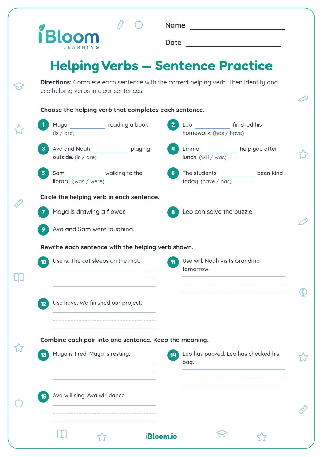 Helping Verbs — Sentence Practice Worksheet | iBloom