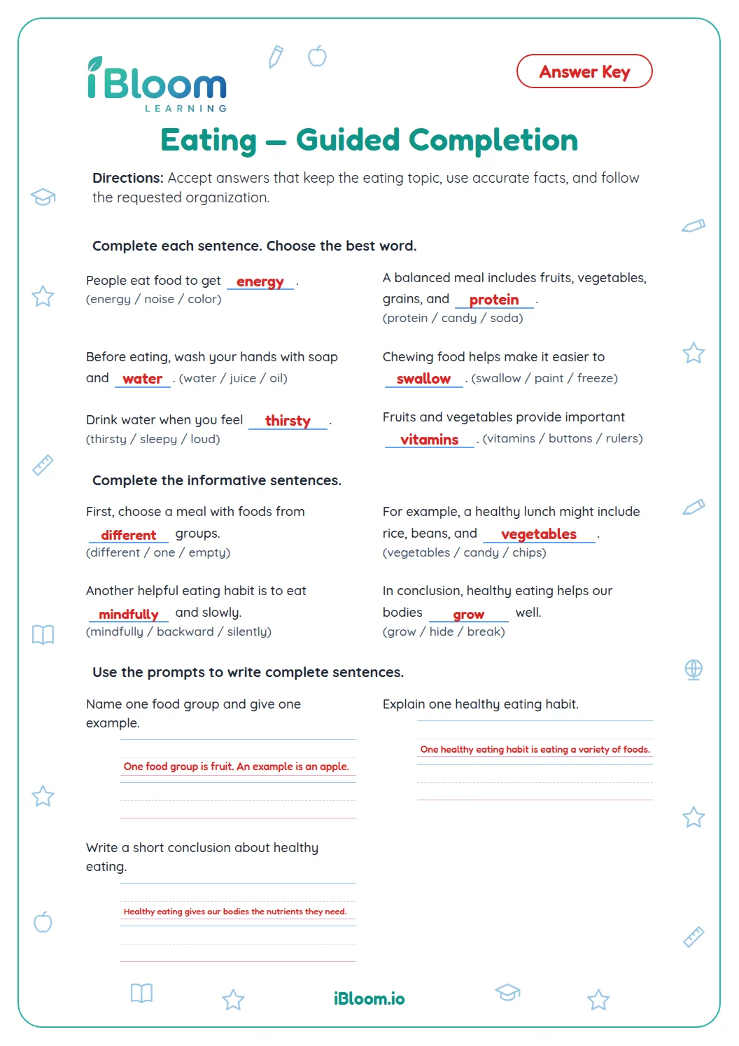 Eating — Guided Completion answer key