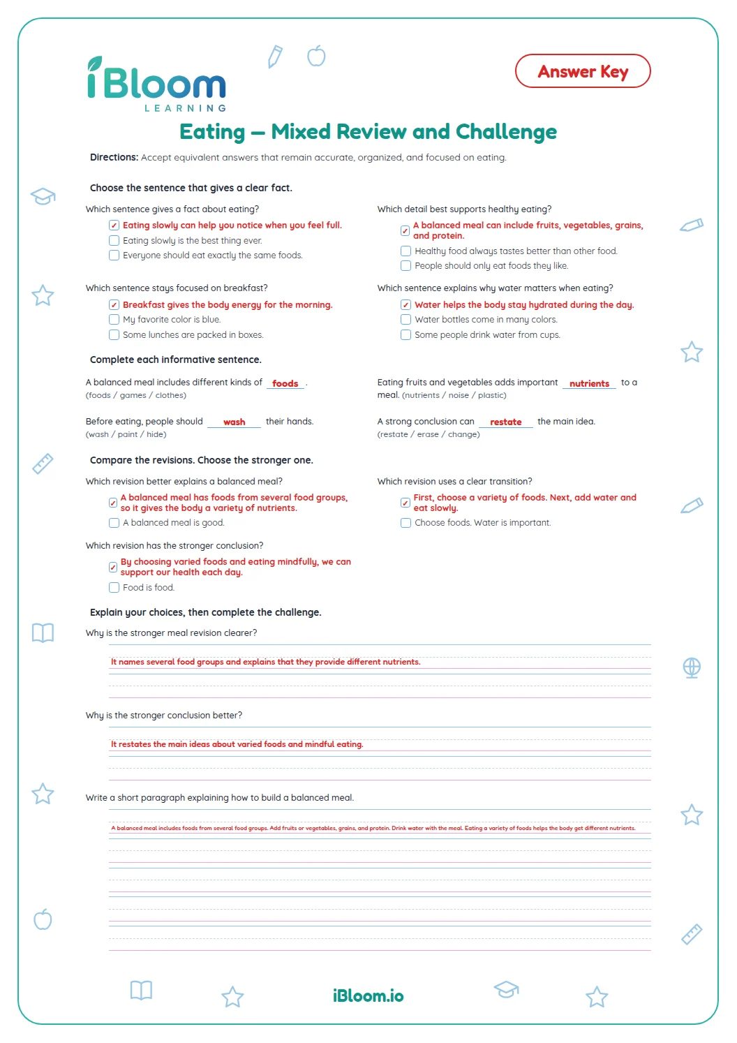 Eating — Mixed Review and Challenge answer key