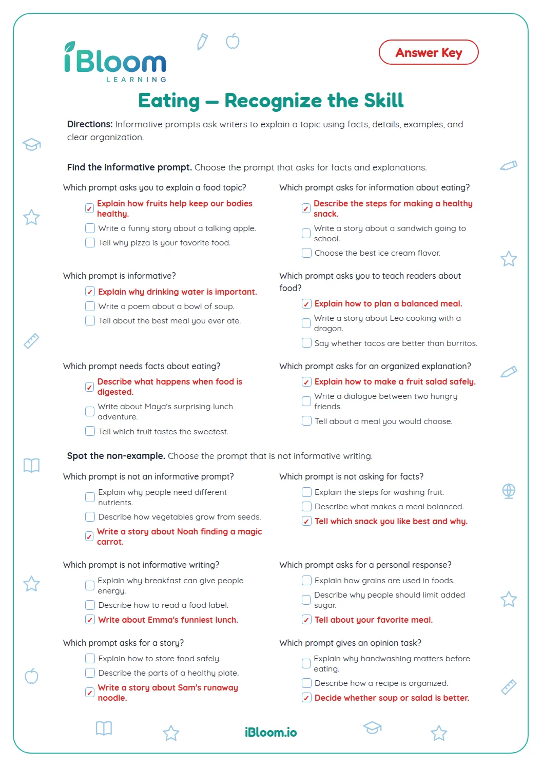 Eating — Recognize the Skill answer key