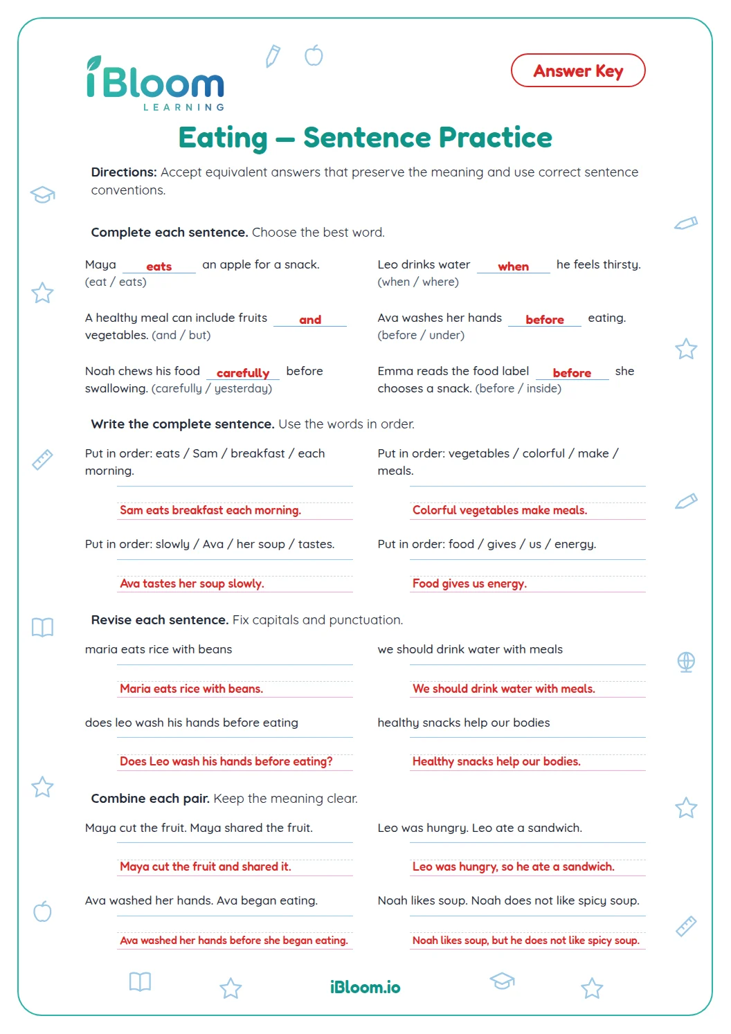 Eating — Sentence Practice answer key