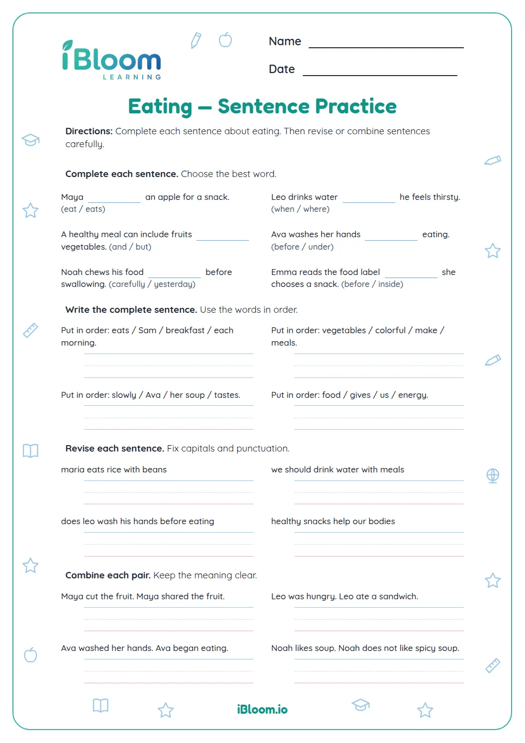 Eating — Sentence Practice printable Grade 4 worksheet