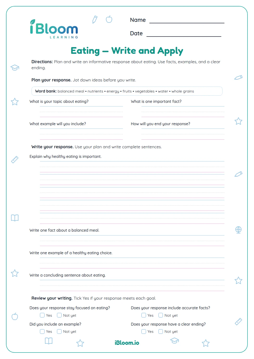 Preview of Eating — Write and Apply worksheet