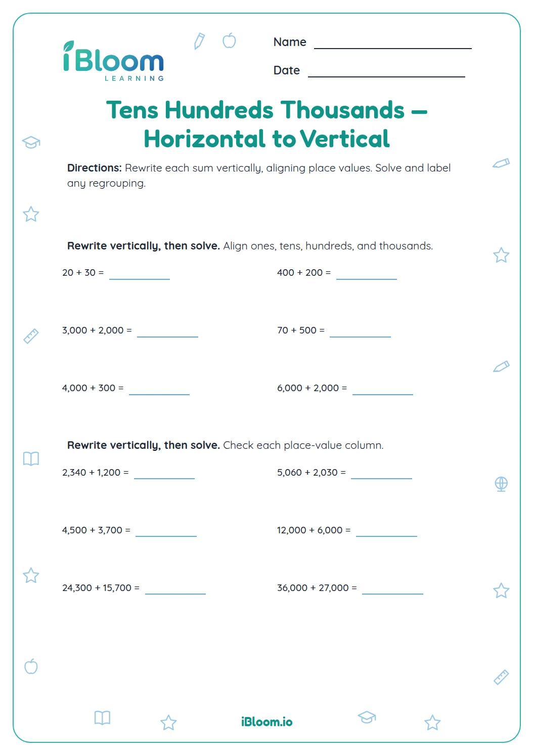 Hard Math Worksheets 1000 Tens Hundreds Thousands — Horizontal to Vertical Worksheet | iBloom