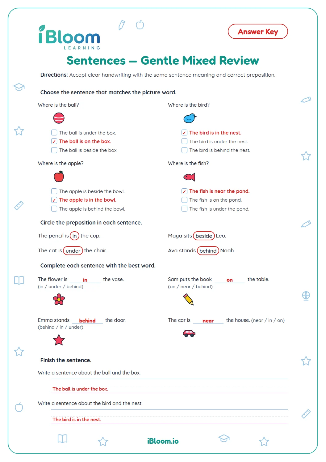 Sentences — Gentle Mixed Review Worksheet | iBloom