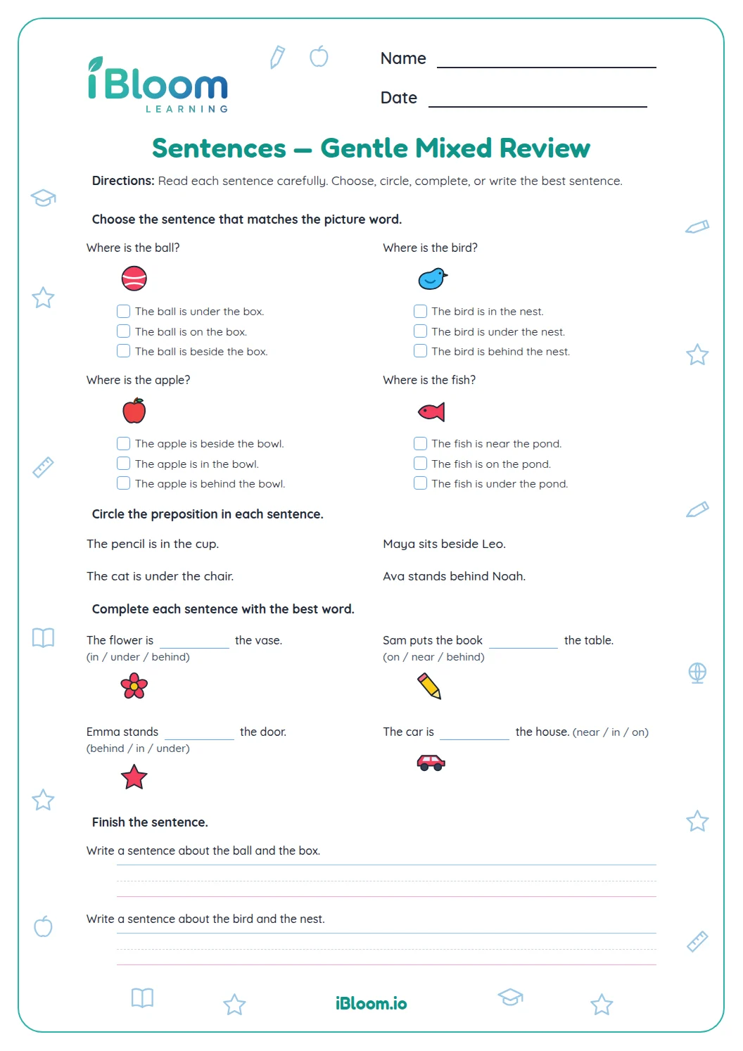 Sentecens Sentences — Gentle Mixed Review Worksheet | iBloom