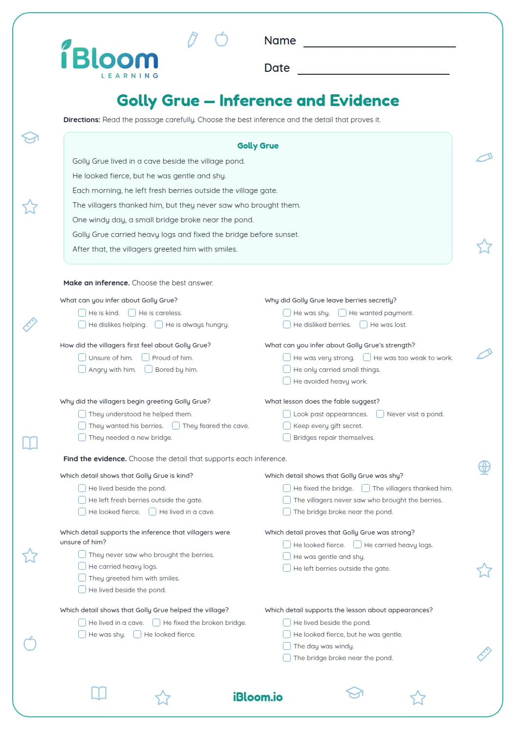 Golly Grue — Inference and Evidence Worksheet | iBloom