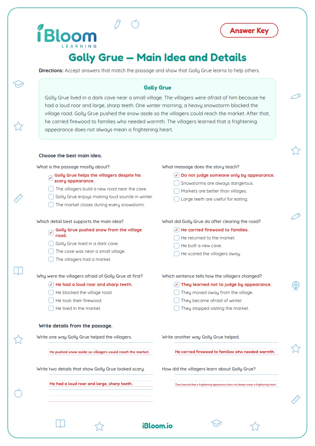Golly Grue — Main Idea and Details Worksheet | iBloom