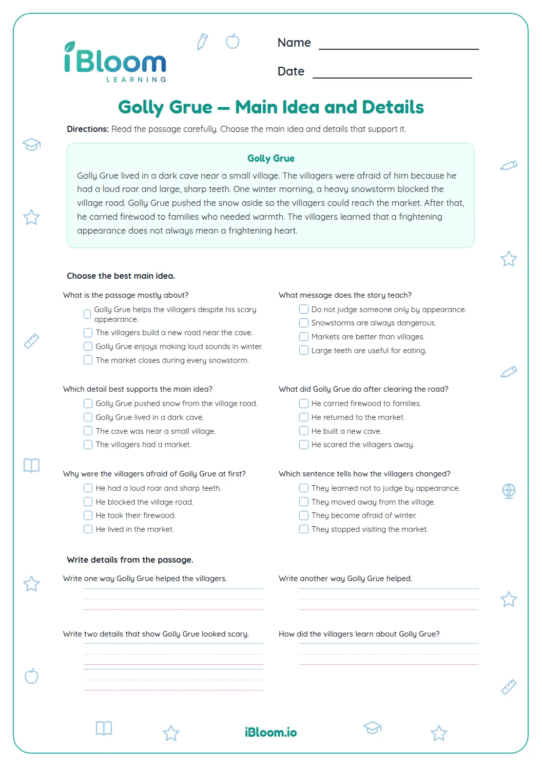 Golly Grue — Main Idea and Details Worksheet | iBloom
